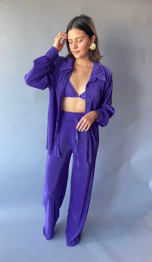Set de 3 piezas plisado de pantalón, top y blusa